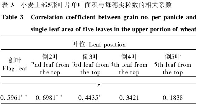 表3　小麥上部5張葉片單葉麵積與每穗實粒數的相關係數