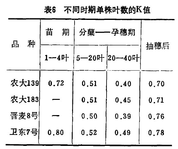 表6 不同時期單株葉數的K值